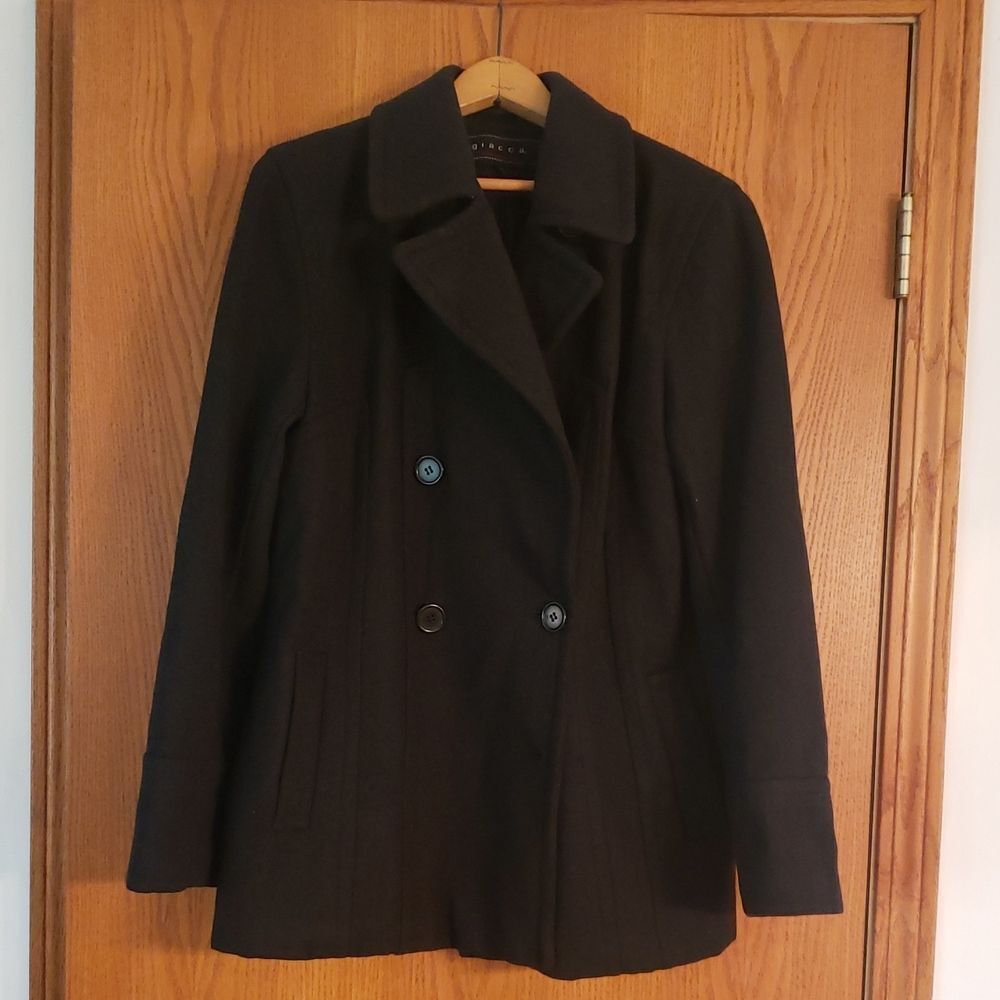 Giacca Black Wool Blend Winter Coat Jacket Sz L